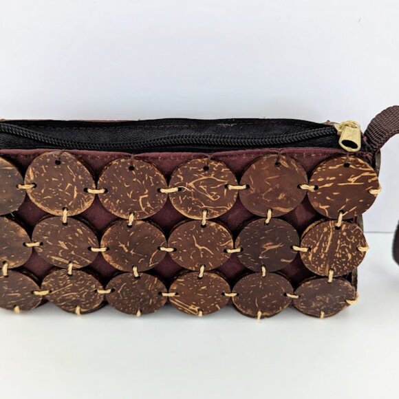 Vintage Natural Coconut Shell Zippered Clutch Wristlet with Strap - Picture 3 of 7